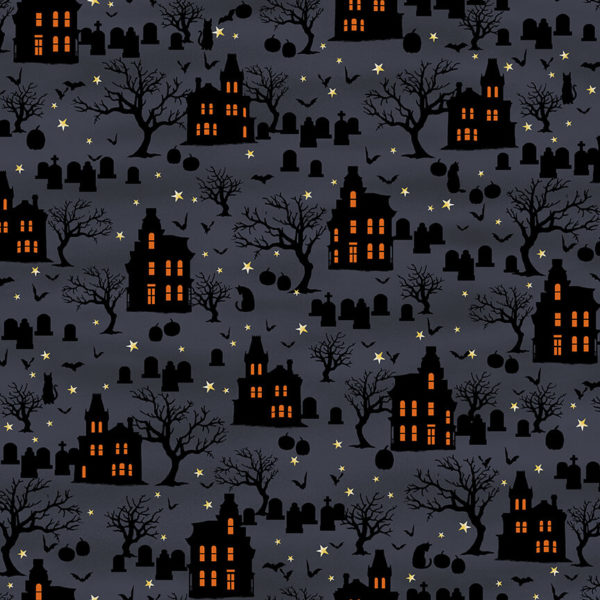 Tela de algodón Spooky Nights de Studio E casas encantadas en el cementerio con tumbas